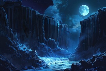 Mystical moonlit chasm with river flowing through