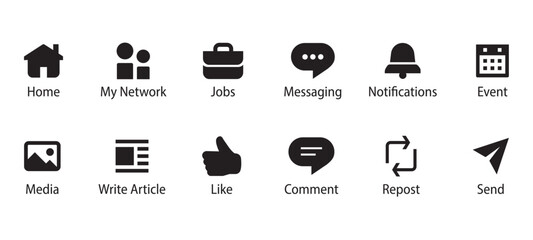 linkedin icon set. social media icons home, my network, jobs, message, event, like, comment, send, e
