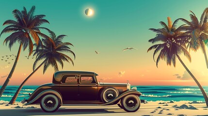 Wall Mural - Vintage car parked on a sandy beach with palm trees, ocean, and a beautiful sunset in the background.