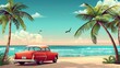 © improvee design - Classic red car parked on a tropical beach with palm trees and a beautiful sunset.