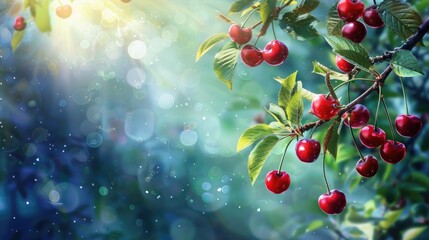 Canvas Print - Appetizing cherries on cherry tree wallpaper with space