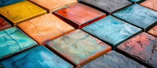 Canvas Print - A row of tiles with different colors and textures. The tiles are arranged in a way that creates a sense of depth and dimension. The colors and patterns of the tiles create a visually interesting