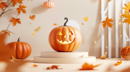 Wall Mural - 3D rendering of a Halloween pumpkin. The pumpkin has a carved face and is lit from the inside. It is sitting on a podium surrounded by fallen leaves.