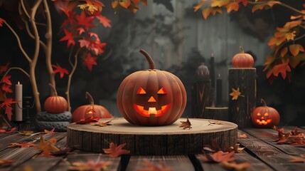 Wall Mural - This is a photograph of a jack-o-lantern. The jack-o-lantern is sitting on a wooden table and is surrounded by fall leaves.