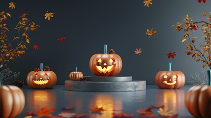 Wall Mural - This is a 3D rendering of a Halloween scene. There are three pumpkins on a podium, each with a different face carved into it.
