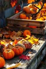 Autumn Harvest with Pumpkins and Fallen Leaves on a Rustic Wooden Table in Daytime