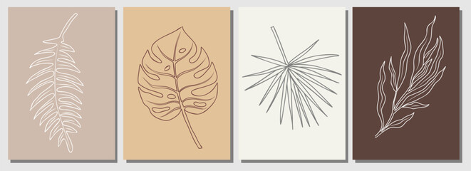 Wall Mural - Abstract Tropical leaves Line Drawing Print Set. Botanical Posters. Modern Line Art, Aesthetic Contour. Perfect for Home Decor, Wall Art, tattoo, logo, jewelry design. Vector art illustrations.