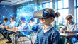 © fashanbd - School student with VR headset using AI artificial intelligence technology & machine learning.AI blue hologram in education. Interactive technology in classroom. Innovation & smart tech.