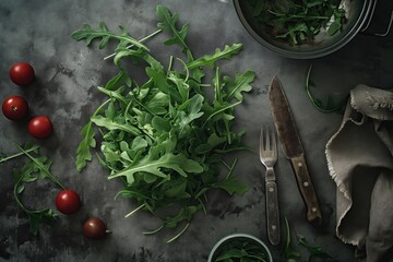 Wall Mural - Fresh arugula leaves, cherry tomatoes and knife on dark background