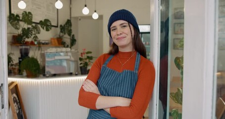 Wall Mural - Woman, small business and smile at cafe with arms crossed for growth and ownership. Coffee shop, waiter and happy or proud on portrait in restaurant entrance for investment as entrepreneur and proud