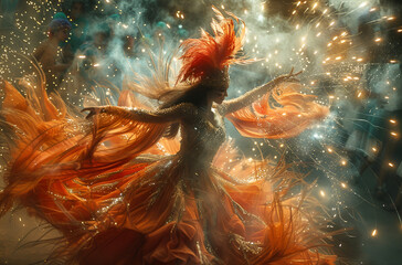  Energetic woman in orange dress twirls elegantly surrounded by fireworks.