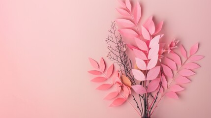 Wall Mural - an arrangement of delicate pink paper leaves creates a serene aesthetic against a soft pink backdrop