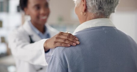 Poster - Doctor, hand on shoulder and senior woman with advice in clinic for appointment, wellness and elderly care. Female people, help and patient as medic, staff or support in hospital for routine check up