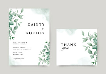 Wall Mural - Beautiful watercolor leaves wedding invitation card