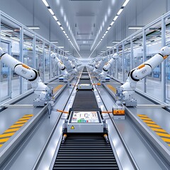 Wall Mural - realistic image of a production line with robotic arms, taken with lens, more clarity with clear lig