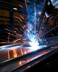 Wall Mural - semi close-up of industrial welding with sparks flying, taken with lens, more clarity with clear lig