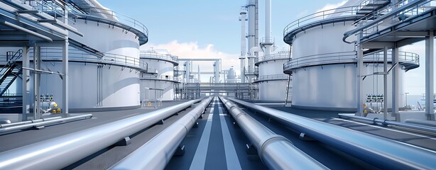 Wall Mural - realistic image of industrial tanks and pipelines, taken with lens, more clarity with clear light an