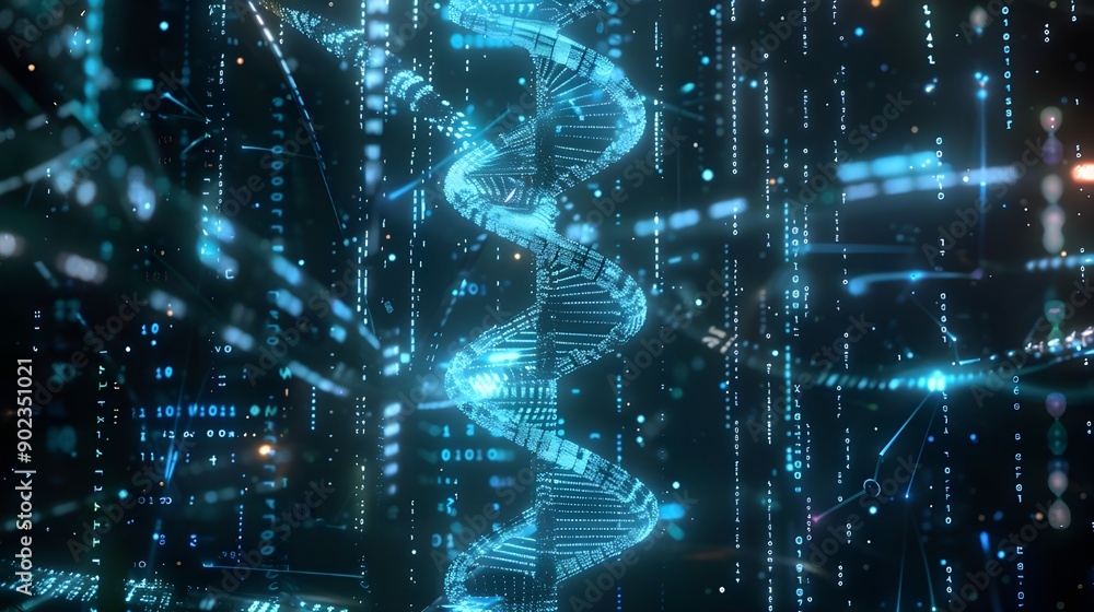 DNA Sequence in Digital Matrix with Binary Code, Neon Blue Light, and ...