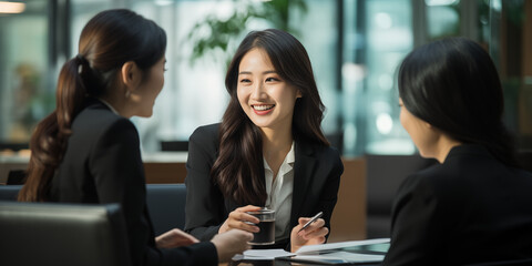 A Japanese business woman is talking to two other women in the office,one of them holding documents and smiling at each other.