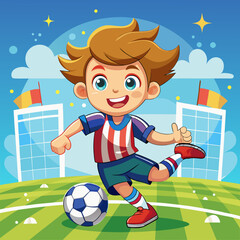 Wall Mural - Cartoon little boy playing footbal