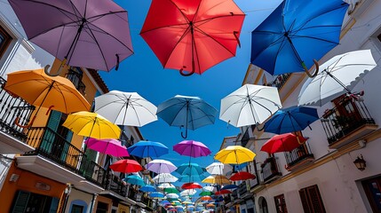 Wall Mural - close-up of a street scene with colorful umbrellas overhead, more clarity with clear light and sharp