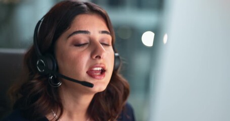 Canvas Print - Call center, computer and smile with business woman in office at night for tech support or solution. Contact, customer service or help and happy telemarketing employee with headset in crm workplace