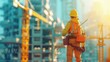 © AGCreative - Rear view of a construction worker in safety gear overlooking a building site with cranes and structures under the golden sunlight.