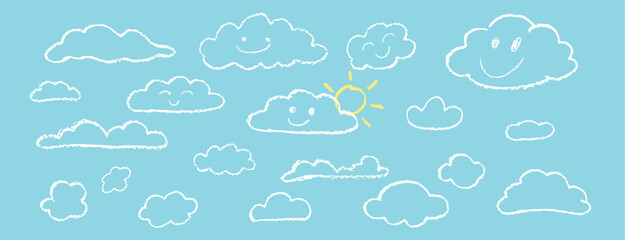 Wall Mural - set of abstract pencil clouds. hand drawn cartoon cloudy sky and sun. vector illustration of collect