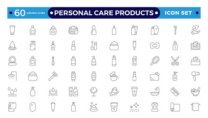 outline icons related to personal care products. Linear icon collection. Moisture cream, acid, anti-wrinkle serum, ceramide, collagen, retinol compound, sunscreen. Editable stroke outline icon.
