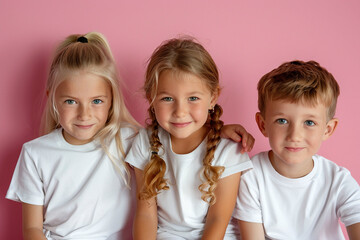 Poster - Little children in white t-shirts on pink background.