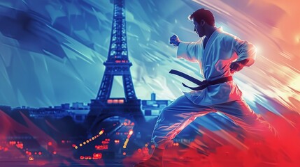 Illustration of karate athlete with blurred Eiffle tower background. Red, white and blue theme. Sports abstract background. 