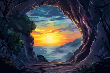 Wall Mural - Cave opening to a beautiful sunset over a vast body of water