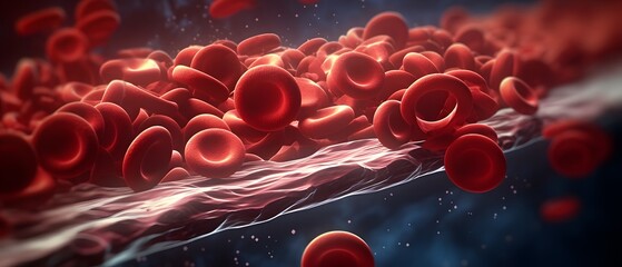 Close-up cross-section of a blood vessel with platelets and fat flowing through it, medical photo.