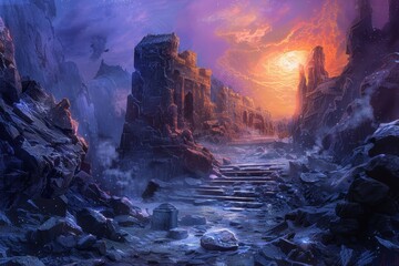 Wall Mural - Ancient ruins bathed in the light of a setting sun