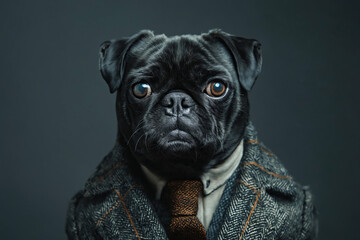 Sticker - A black pug dog wearing a suit and tie