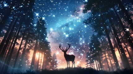 Poster - Magical Forest Deer Under a Starry Sky.