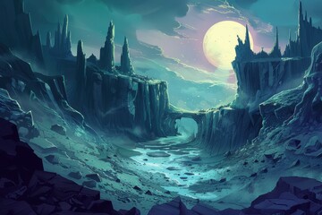 Mystical moonlit landscape with river flowing through towering icy cliffs