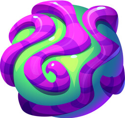 Wall Mural - Cartoon fantasy galaxy alien space planet. Vector whimsical, vibrant orb with swirling green and purple wavy structures wrapping around its surface. Unusual, glossy, candy-like sphere at starry sky