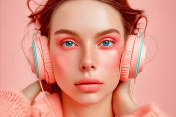 Poster - A woman with blue eyes wearing pink headphones