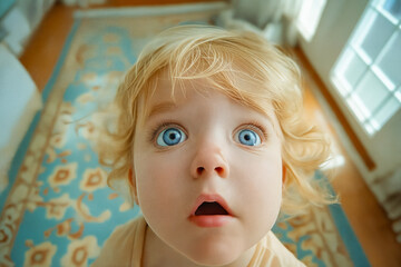 Poster - A small child with blue eyes looking up at the camera