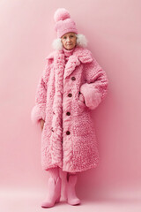 Poster - A woman in a pink coat and hat standing in front of a pink background.