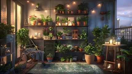 Wall Mural - The balcony is cozy and green with many img