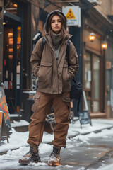 Wall Mural - A woman standing in the snow wearing a brown jacket and cargo pants.