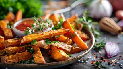 Wall Mural - Sweet potato fries fried until crisp served picture