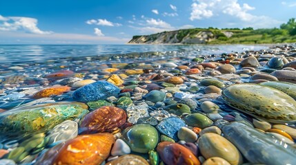 Poster - Beach transparent colored stones lie on the seashore image