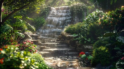 Wall Mural - Small waterfall going down the stone steps