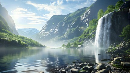 Poster - A waterfall falls from the rocky shore image