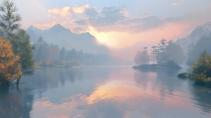 Wall Mural - Sunrise over a quiet lake reflecting the first image