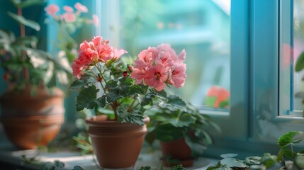 Sticker - A pink geranium blooms in a pot