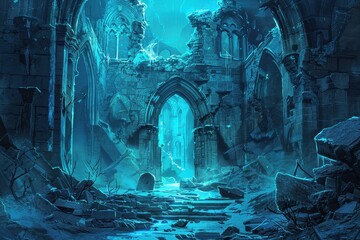 Ancient ruins of a cathedral submerged in deep blue water with glowing blue light shining through the doorway